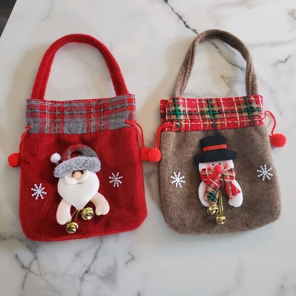 2 Felt Christmas Goodie Bags with Drawstrings Santa & Snowman - Picture 1 of 12